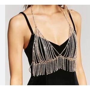 Sparkling Rhinestone Body Chain Necklace Gold Tone Drip Fringe Festival Glamour